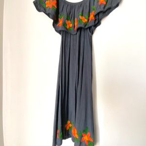 Off The Shoulder Mexican style Bright orange Embroidered Flowers Dark Blue Dress